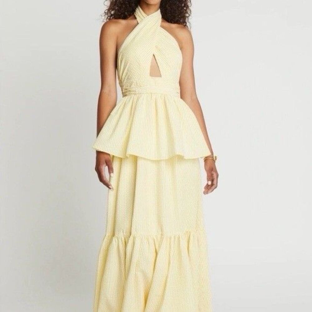 Choosy Seersucker Striped Halter Maxi Dress Womens Size 2 Yellow White Backless